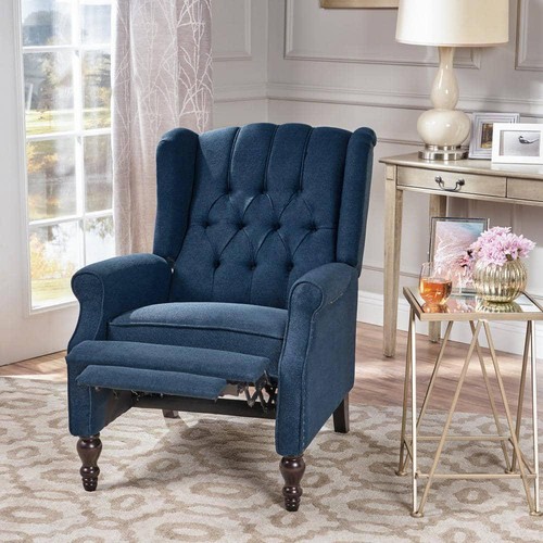 Noble House Recliner 28"W Big+Tall Nailhead Trim Wing Polyester Wood Dark Blue - Picture 11 of 11