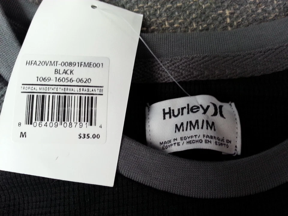 NUEVO NUEVO CON ETIQUETAS Hurley Aloha Tropical Negro Talla M Para Hombre Manga Larga Patrón Waffle Foto 3 de 4