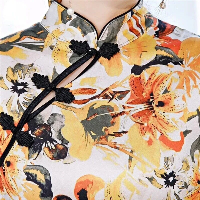 OFF WHITE Costume abito lungo floreale cinese retrò Cheongsam ballo Qipao festa matrimonio