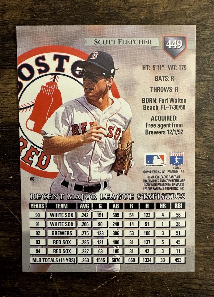 Tarjeta de béisbol Donruss 1994 Scott Fletcher 2B #449 Boston Red Sox Foto 2 de 2