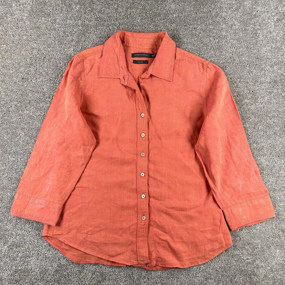 Sportscraft Pure Linen Womens Size 10 Button Up Shirt Coral 3/4 Sleeve Collar