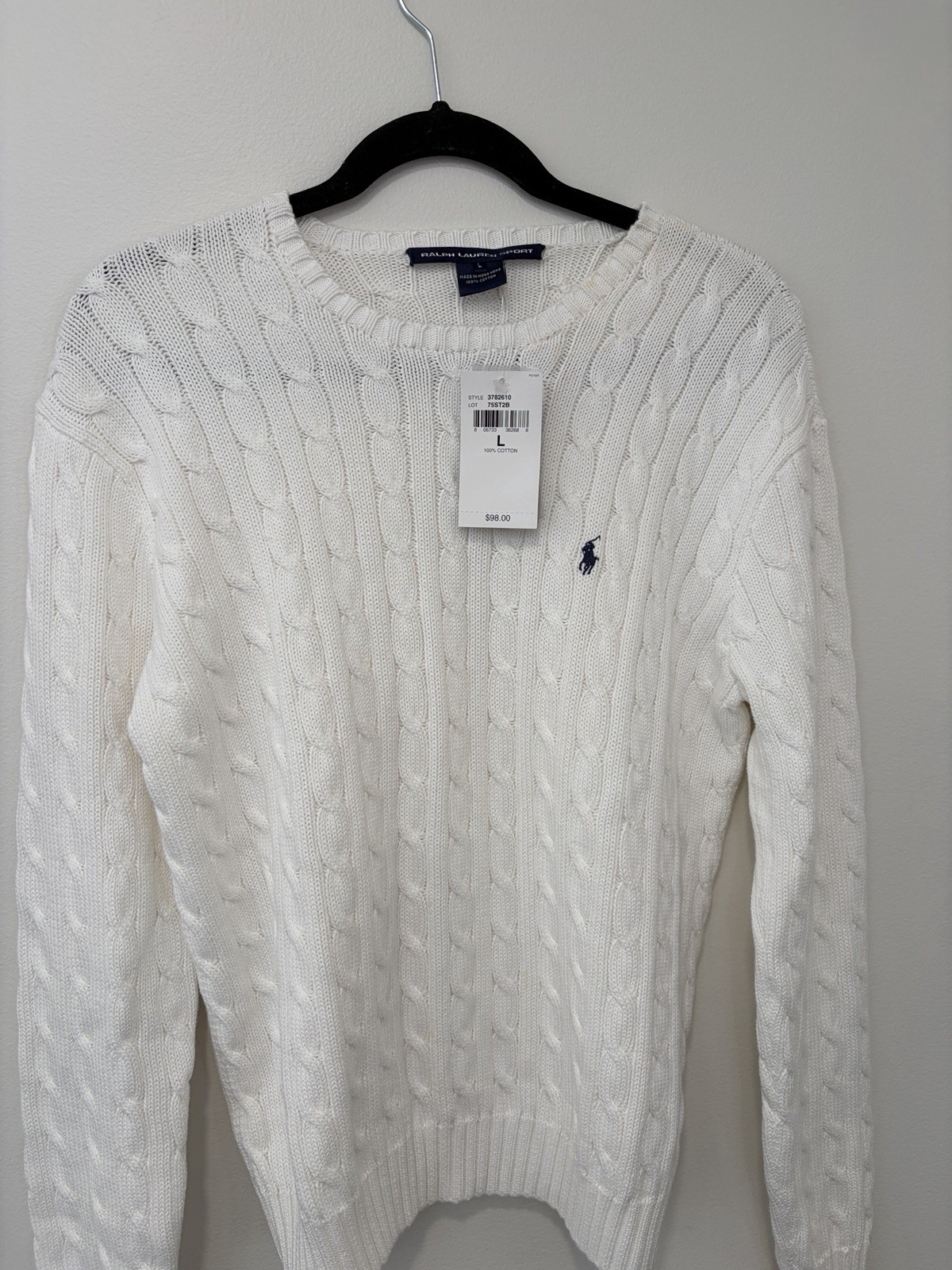 NEW Polo Ralph Lauren Sport Woman’s Cotton Cable Knit Sweater Large White Logo thumbnail 2