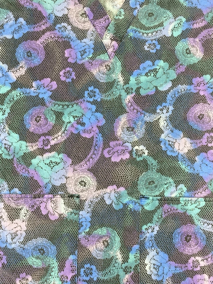 XS Colorful Blue Purple Flower Spiral Design Crest Scrub Top - Image 2 of 4