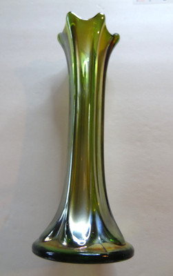 Vintage Iridescent Green Blue Carnival Glass Swung Vase Ribbed  7.25''