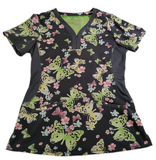 Premiere by Healing Hands V Neck Butterflies Side Stretch Panels Scrub Top Sz S