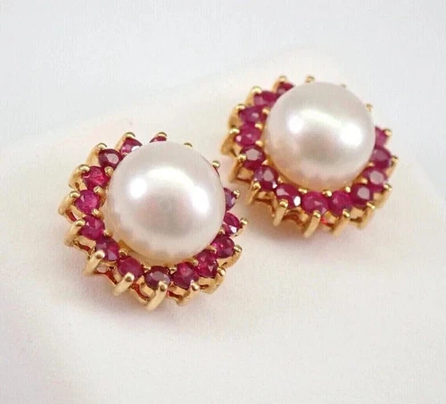 2.45Ct Round Cut Natural White Pearl Halo Stud Earrings 14K Yellow Gold Plated