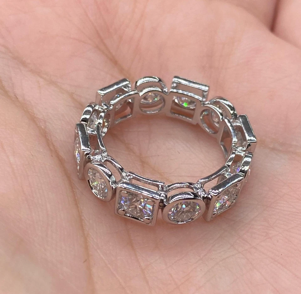 Juego de bisel de plata 925 blanco rodio corte redondo 3,5 mm moissanita banda de eternidad completa Foto 2 de 4