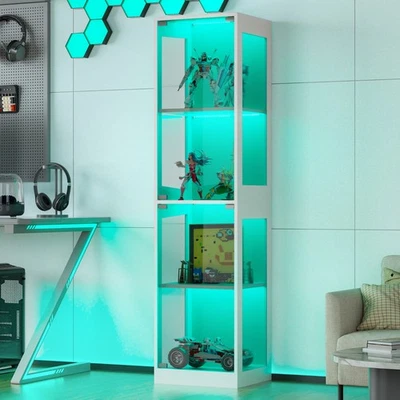 GREPATIO Display Cabinet with Glass Doors, 4-Tier Display Case with RGB Lights