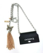 NEW BEBE SILVER+ROSE GOLD 2 TONE CHAIN,CRYSTALS,HEART,BUTTERFLY,TASSEL NECKLACE