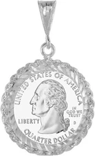 Sterling Silver Quarter Dollar Bezel 24mm Rope Edge Coins Prong Back Diamond Cut
