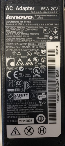 65 W Lenovo Netzteil für Laptop Notebook 20 V/3,25 A 92P1154 42T5283 rund #1