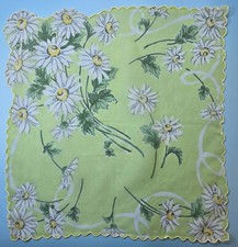 Vintage Sheer Handkerchief Green w/Daisy Bouquet Cutout Scalloped Edge