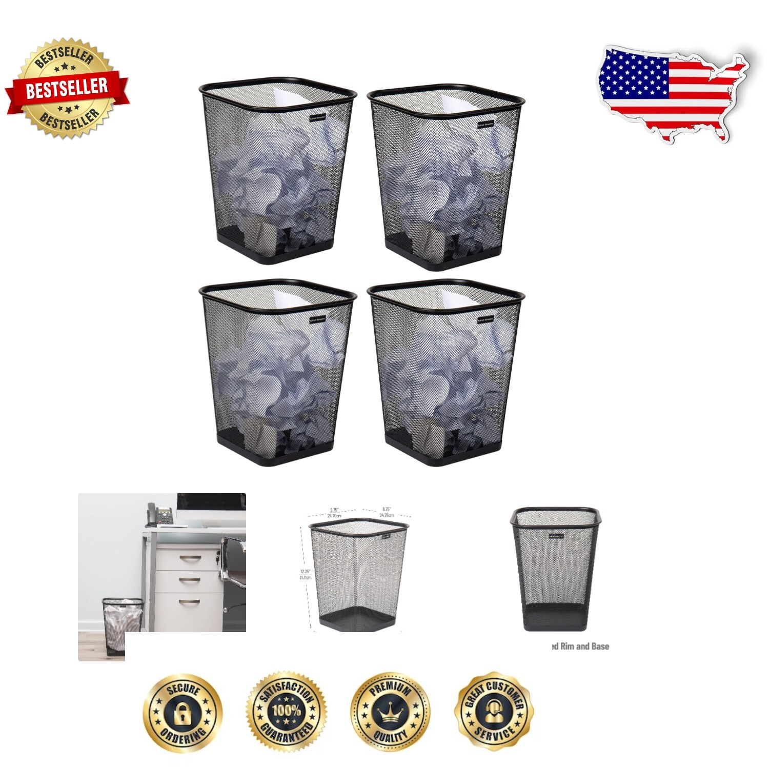 Efficient Waste Management with 4 Stylish Black Mesh Trash Bins, 5 Gallons