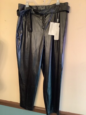 Akris Punto Faux Leather Tapered Fred Pants Black Belted 14 (36x28) NWT