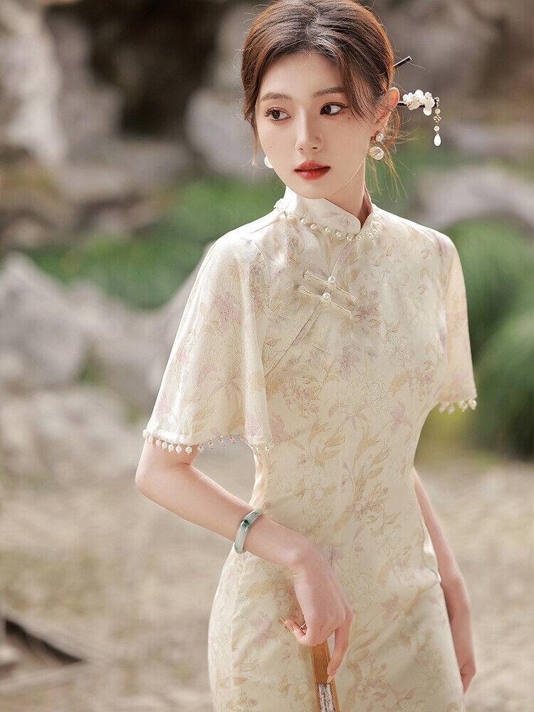 Women's Summer Chinese Style Cheongsam Temperament Pearl Qipao Slim Fit  Dresses | eBay
