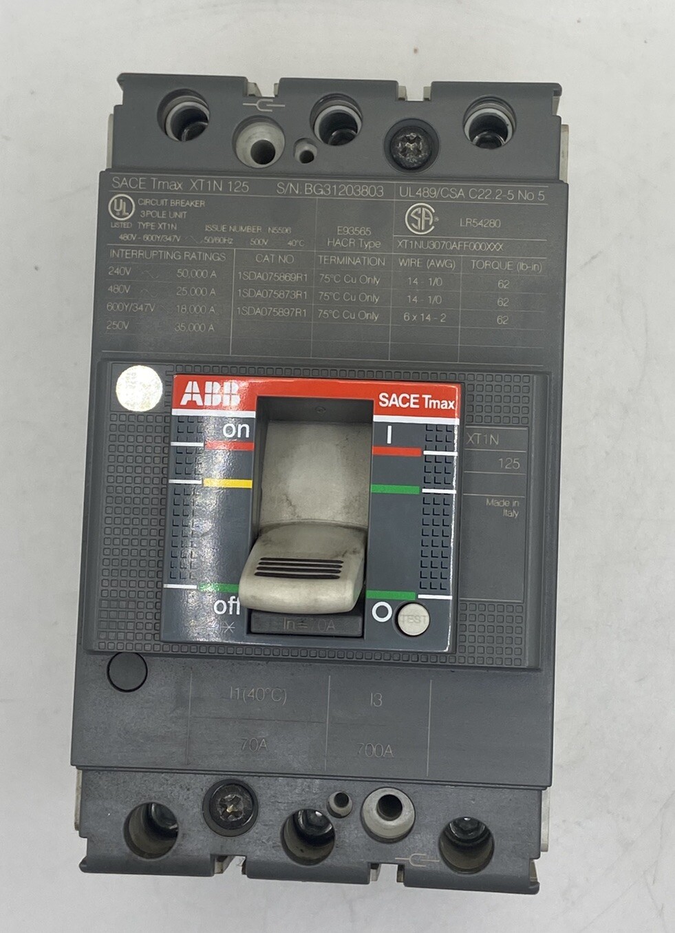 ABB 70 Amp Breaker 3 Pole SACE Tmax XT1N 125
