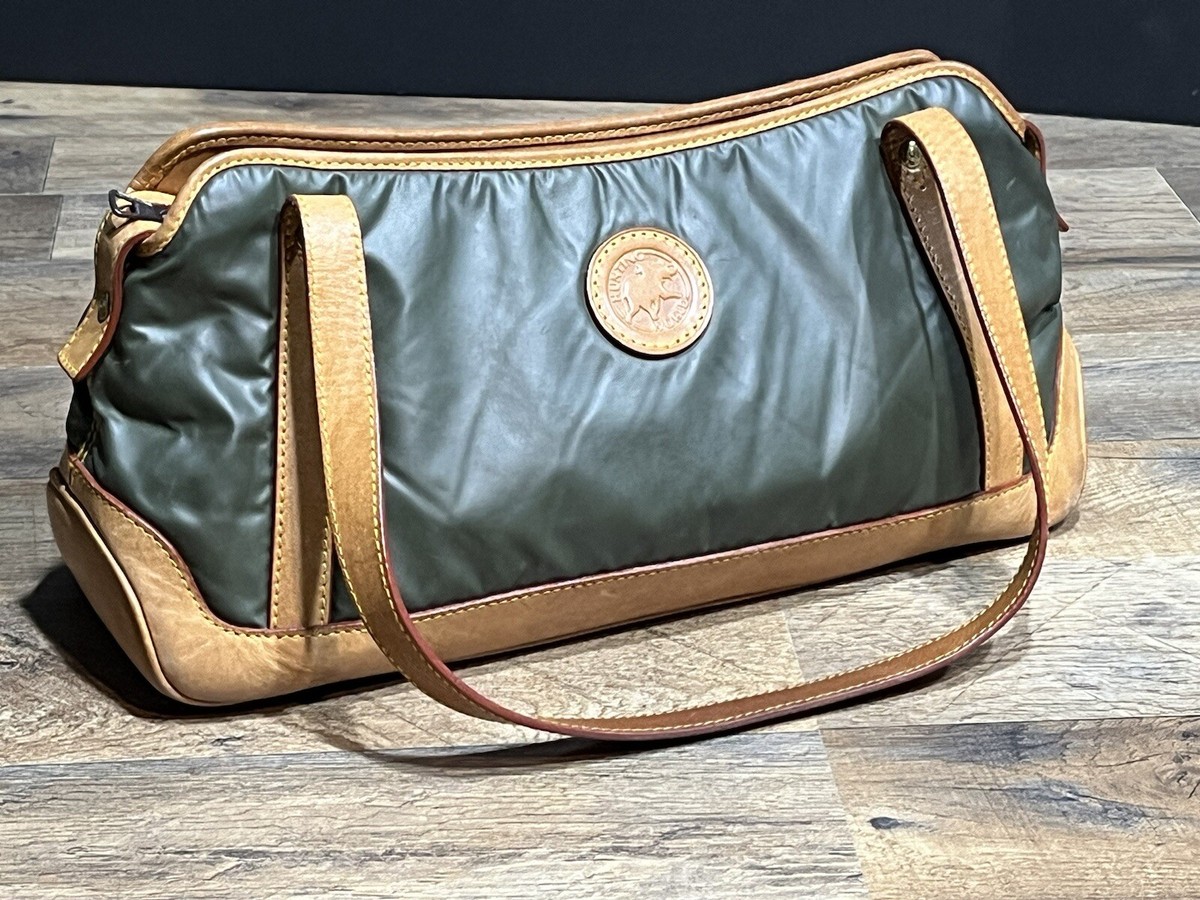 HUNTING WORLD Green Nylon/Brown Leather Shoulder/Hand Bag Purse | eBay
