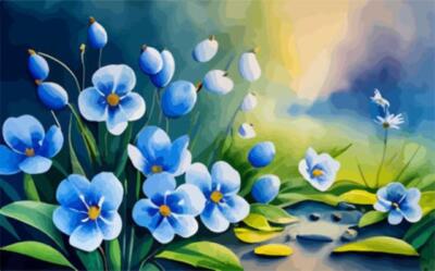 Wandbild: Blaue Stiefmütterchenblumen auf dem Hintergrund des Flusses. [...]