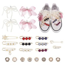 23Pcs Shoe Charm, White Pearl Bow and Purple Tulle Raw-Edge Fringe Bow Clips