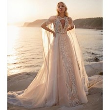 Boho Backless Wedding Dress with Cape Lace Applique A-Line Beach Bridal Gown