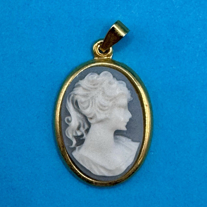 Oval Cameo Pendant Gold Tone Frame White Profile on Gray Blue Background