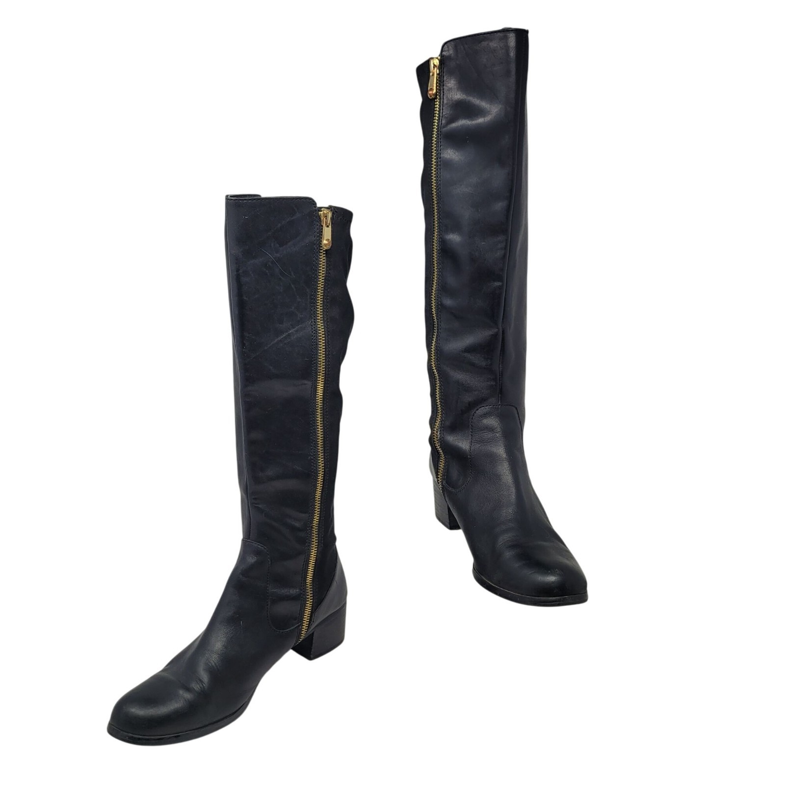 Tahari Kyle Black Leather Knee-High Riding Boots Sz 9 Zipper Stretch City Tall