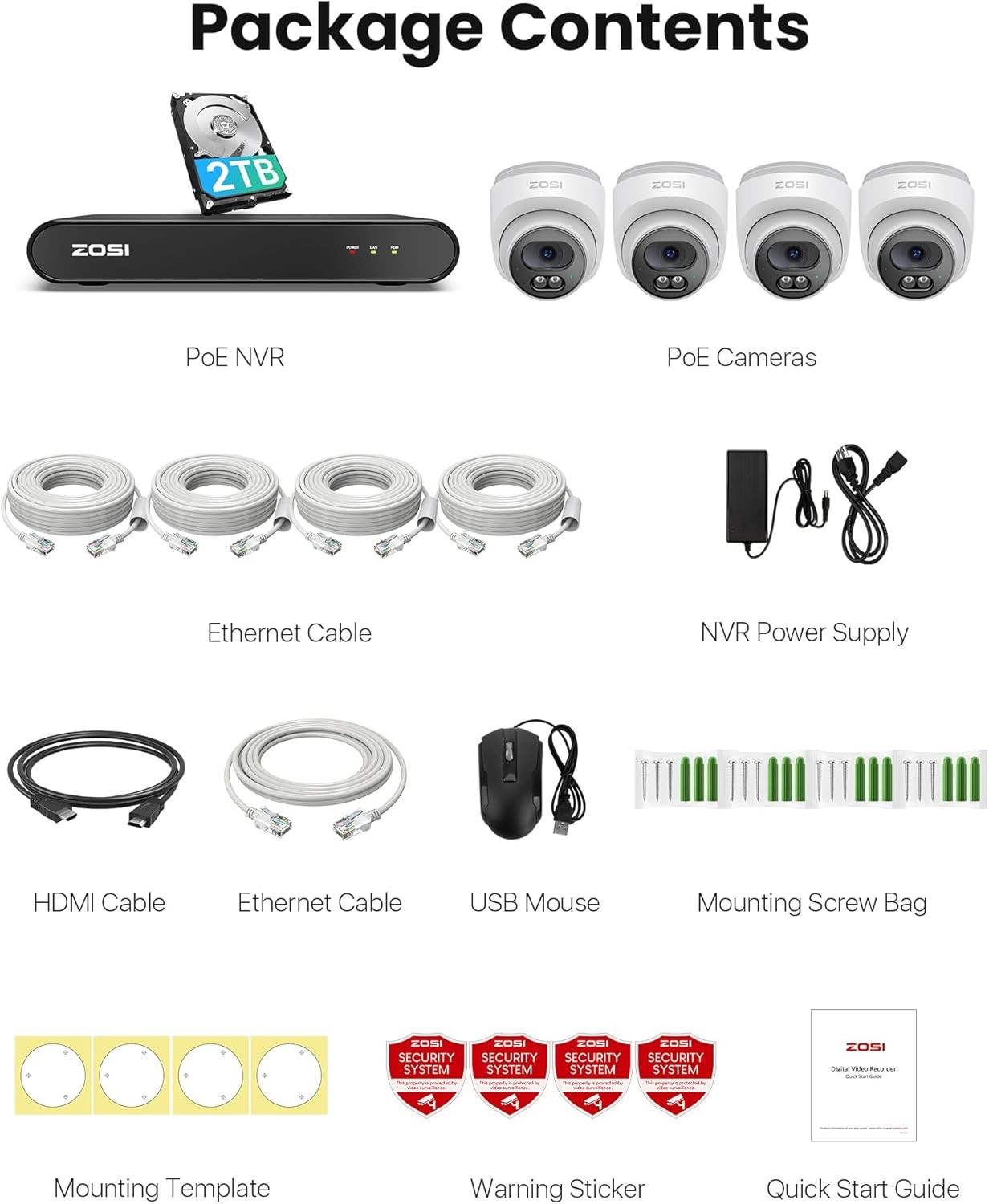 ZOSI C220 8CH 5MP 3K NVR PoE Security Camera System 4x4MP Dome IP Camera 2TB HDD