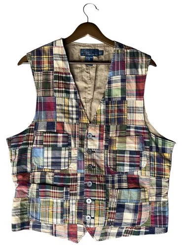 Ralph Lauren Gentlemans Large Patch Work VEST Khaki Green Indian Madras - product listing photo