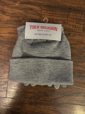 NEW True Religion Women Knit Beanie Hat & Gloves Set Horseshoe Embellished Gray