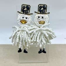 Large Beaded Christmas Snowman Earrings Winter Holiday Dangle Seed Bead Fringe