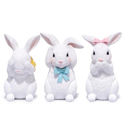 Easter Decoration Three-Bunny Figurine Set - Adorable Handcrafted White Bunny...