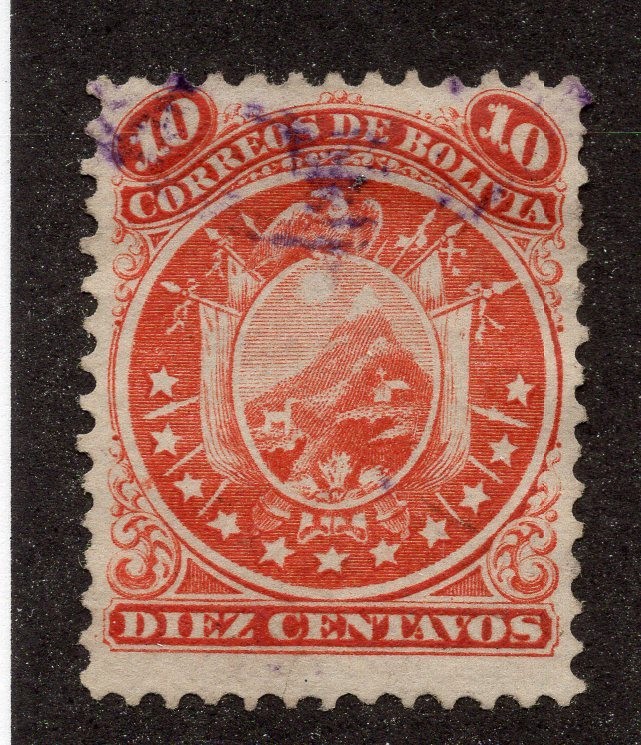 Bolivia 1868-69 10c vermillion Arms, Scott 16 used, value = $20.00