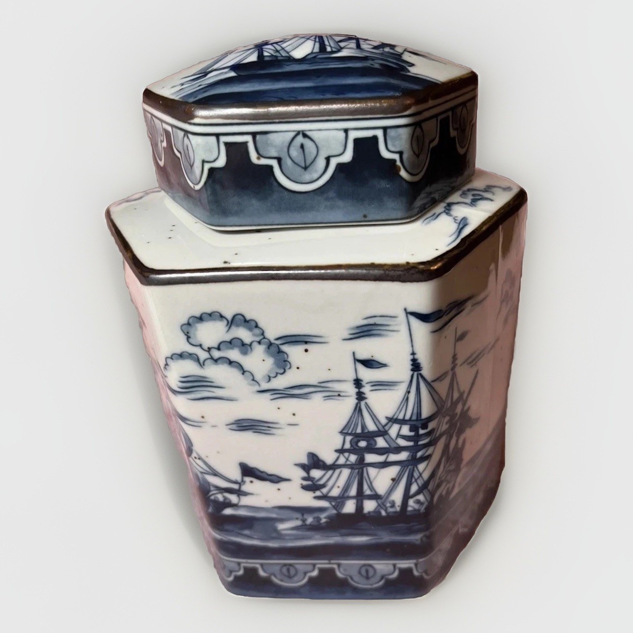 Vintage Tea Canister/Caddy Blue/White Chinoserie Ship Sea/Ocean Coastal Scene