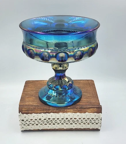 Blue Carnival Glass King’s Crown Compote Indiana Glass Pedestal Bowl
