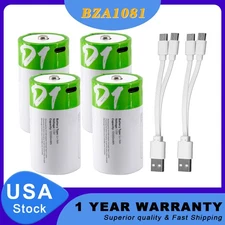 4x USB D Size Lithium Rechargeable Batteries 1.5V 12000mAh W/ Fast Type C Cable