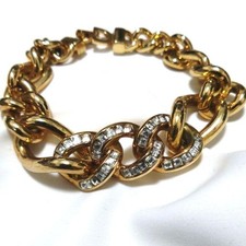 Christian Dior Bracelet Rhinestone Gold Link Chain Length: 7.5 in. Vintage