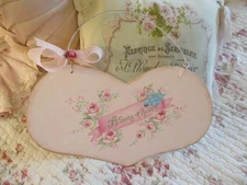 Shabby Chic Style Hand Painted Bluebird & Roses on Swedish Style Heart Plaque