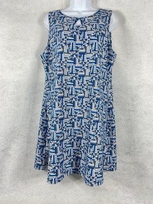 Nuu Muu Dress Women s XL Blue White Keyhole Pocket Geometric NWOT