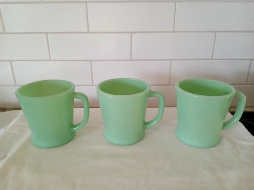 3 Vintage Fire King Oven Ware Jadeite Green Coffee Cups D Handle Glass Mugs