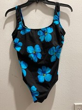 ROBBY LEN SWIMSUIT, VINTAGE, TROPICAL FLORAL, BLACK/BLUE FLOWERS,SZ10