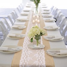Time to Sparkle Hessian Jute Lace Chair Sash and Lace Table Runner Burlap Rustic