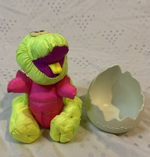 Vintage Fisher Price 8  Baby Dino Puffalump Plush Green T-Rex Dinosaur in Egg