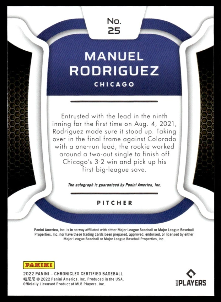 2022 Panini Chronicles Certified Autographs Manuel Rodriguez Auto Chicago Cubs - Image 2 of 2