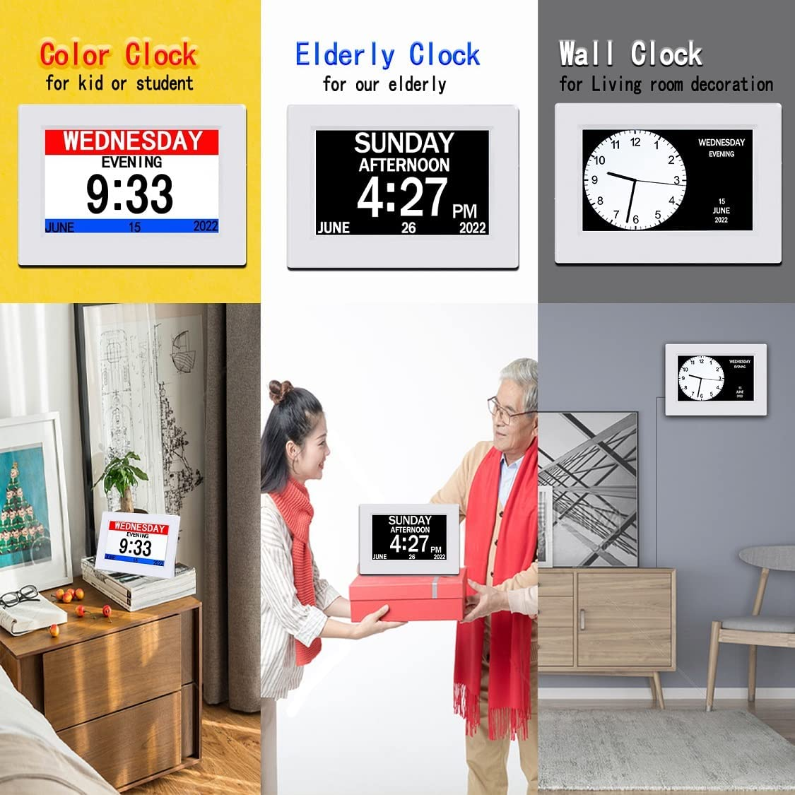 CAZOKASI Clock with Day and Date for Elderly Calendar Digital Alarm