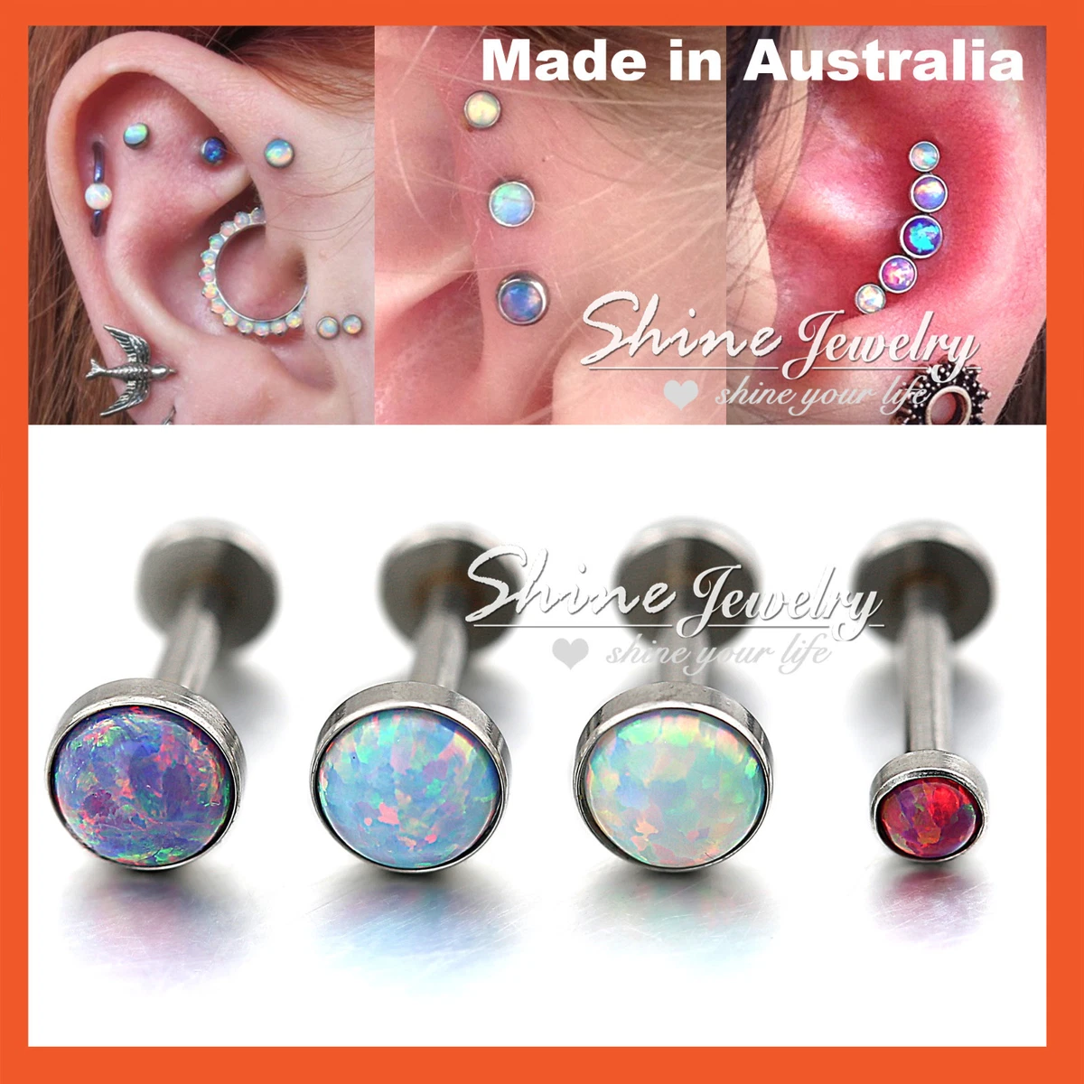 Opal Stud Thread Ring Bar Labret Lip Ear Earrings Nose Helix Tragus Piercing 1PC