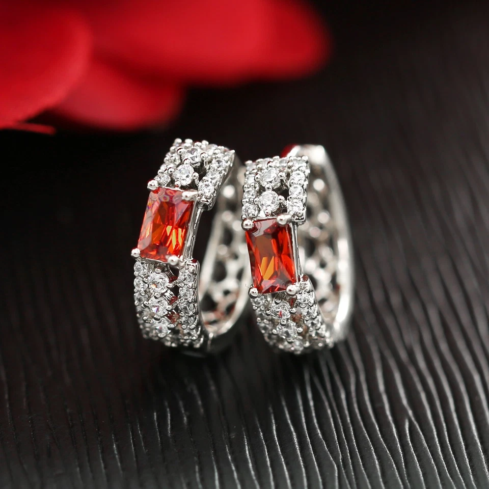 18K WHITE GOLD GF RED RUBY CRYSTAL FANCY FILIGREE SILVER BAND HOOP EARRINGS GIFT Foto 4 de 4