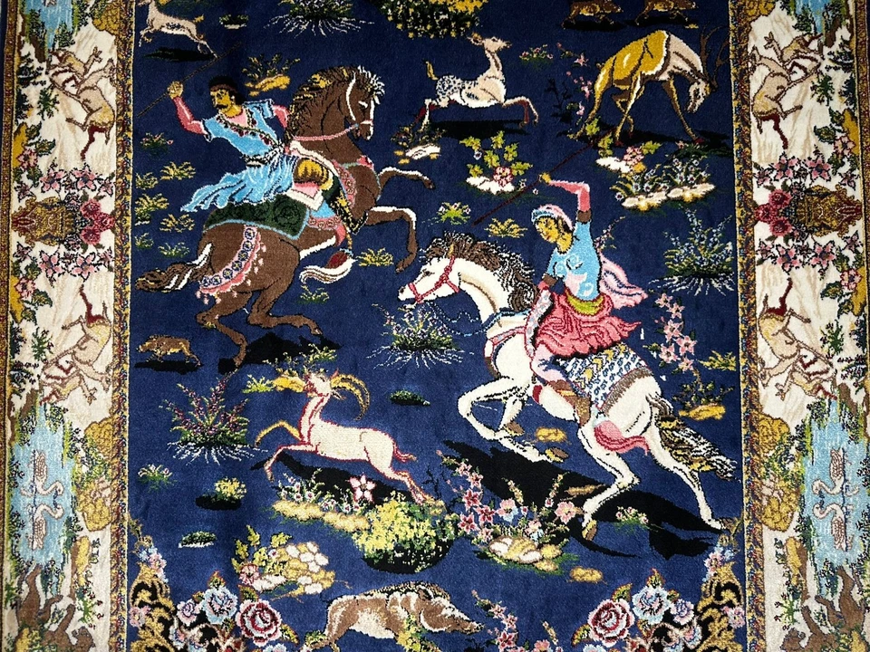 Alfombra de seda de alta calidad colgante de pared alfombra de caza de seda ilustrada alfombra 90 x 60 cm Foto 4 de 4