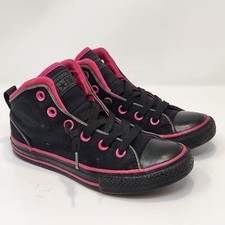 Converse All Star Girls Junior Black Hot Pink Mid Top Sneakers Size 2 Lace Up