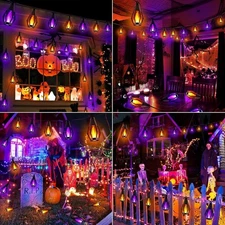 Solar Halloween Lights, 27Ft 10 LED Bulbs Flickering Flame String Light, Outdoor