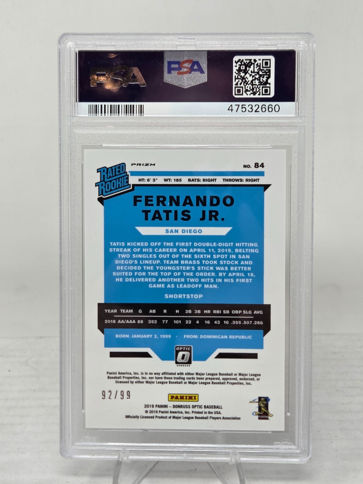 2019 Optic Pandora Purple Refractor FERNANDO TATIS JR RC CARD /99 PSA 9 MINT view 3